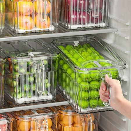 Mtvxesu Kitchen Refrigerator Organizer Containers, Stackable Food Storage Container with Lid Handle, Fresh Container with Basket, Size:5 Large, White